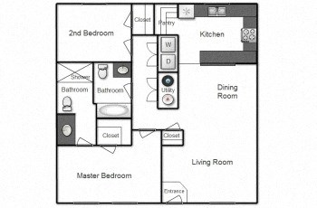 Floor plan for 2 beds, 1.5 baths, 1050 sqft
